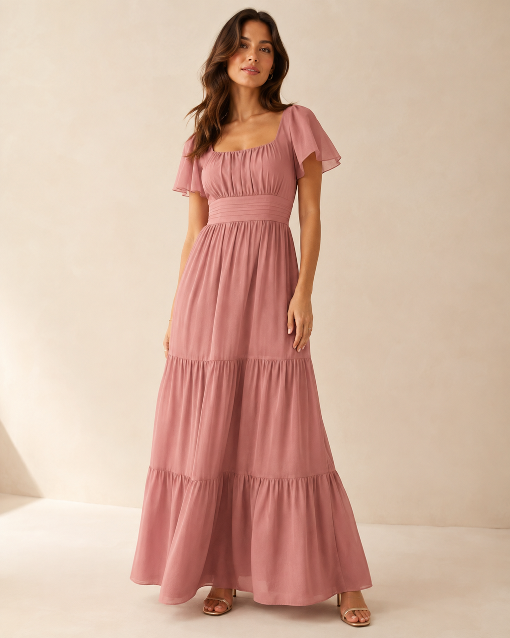 Model wearing the dusty-rose Aurora Bloom Maxi Dress in a full-length front view