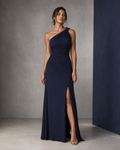 Model wearing the midnight-navy Camille One-Shoulder Maxi Dress in a front view