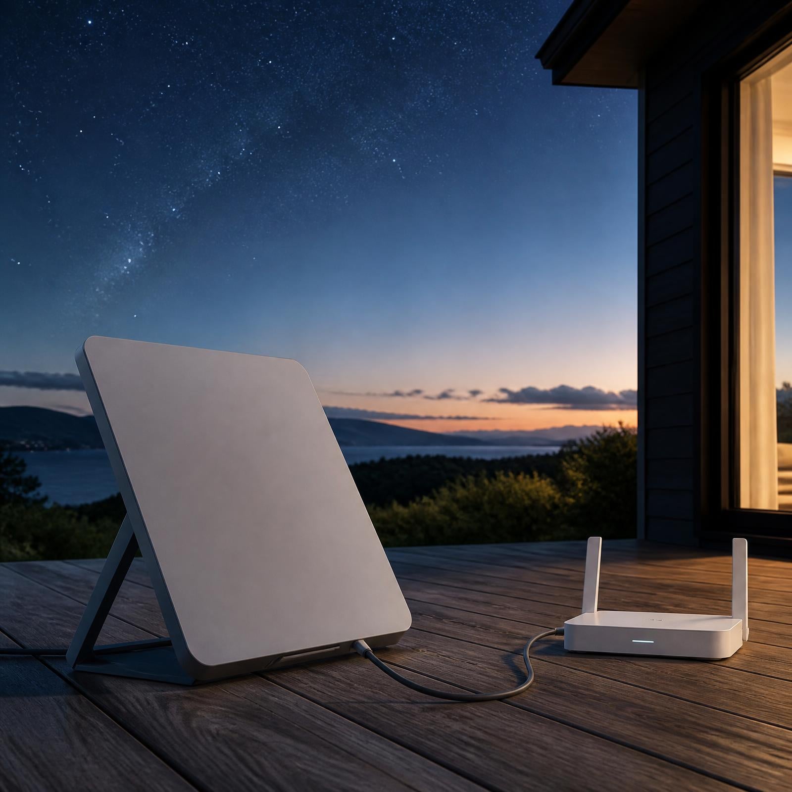 Satellite internet terminal set up on a wooden deck at dusk connected to a Wi-Fi router