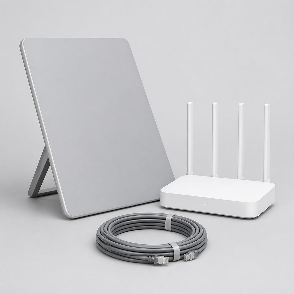 Compact flat-panel satellite internet terminal with Wi-Fi router and cable