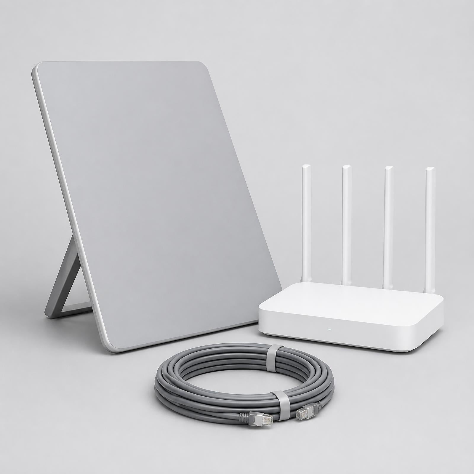 Compact flat-panel satellite internet terminal with Wi-Fi router and cable