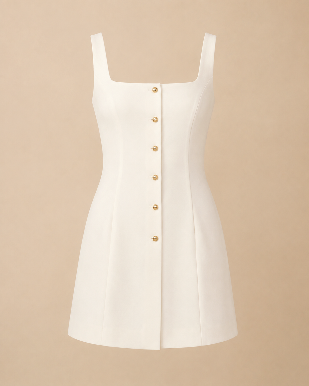 Pearl Day Tailored Mini Dress shown alone with square neckline and gold-tone buttons